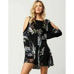Free People Clear Skies Black Cold Shoulder Tunic Dress XS Long Sleeve